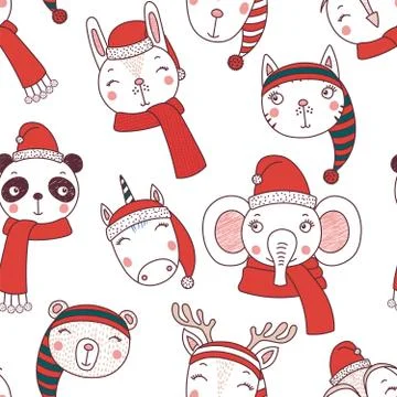 Cute Christmas animals seamless pattern Stock Illustration