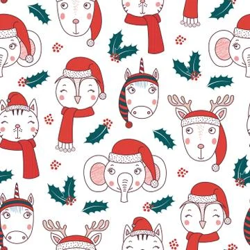 Cute Christmas animals seamless pattern Stock Illustration