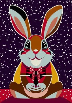 Cute Christmas background with bunny. Vector illustration Stock Illustration
