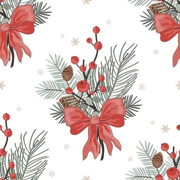 Cute Christmas bouquet seamless pattern. Pine branches and holly berries with Stock Illustration