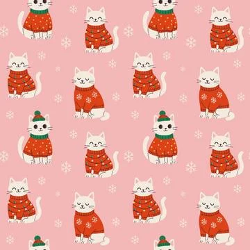 Cute Christmas Cats in Sweaters Pattern 스톡 일러스트