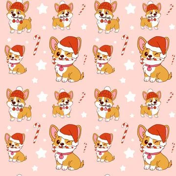 Cute Christmas Corgi Pattern with Santa Hats and Candy Canes Stock-Illustration