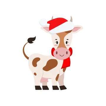 Cute christmas cow vector icon isolated on white background. Stock Illustration
