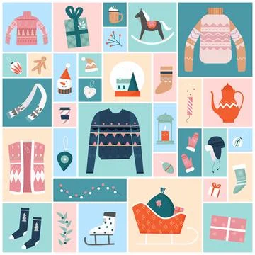 Cute Christmas decoration and objects set, happy winter season and holidays Illustrazione stock