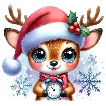 Cute Christmas deer with The clock is the beginning of the new year in Stock Illustration