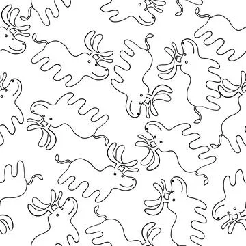 Cute Christmas Deers seamless pattern in outline doodle style Stock Illustration