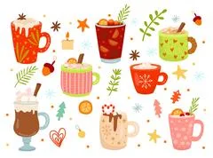 Christmas holiday coffee mug set. Cocoa with marshmallows, winter warming  drinks and hot coffee cup. Xmas hot chocolate mugs or winter cappuccino and latte  cups. Isolated vector flat illustration. 29284736 Vector Art