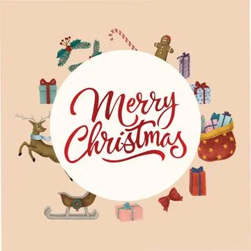 Cute Christmas Elements Circular Frame Greeting Card 스톡 일러스트
