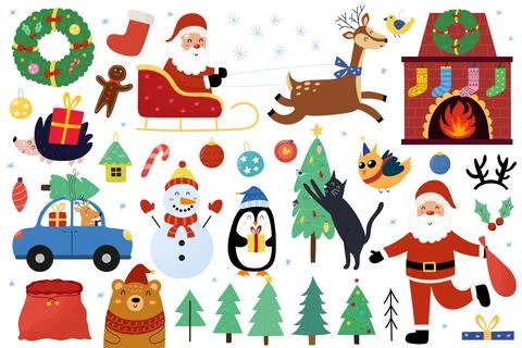 Cute Christmas elements set. Doodle winter objects collection Stock Illustration