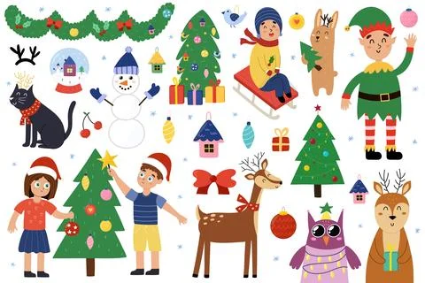 Cute Christmas elements set. Doodle winter objects collection Stock Illustration