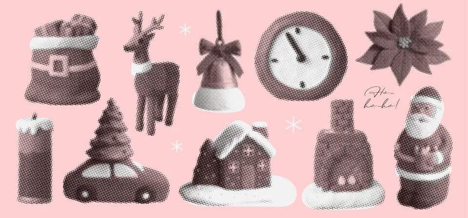 Cute Christmas elements set in naive halftone collage photocopy effect. Santa Illustrazione stock