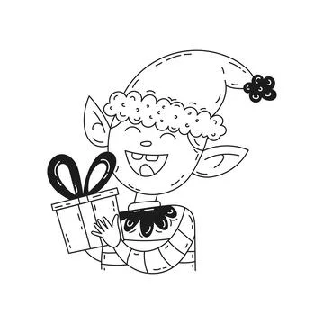 Cute Christmas elf boy in a hat and gift Stock Illustration