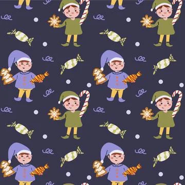 Cute Christmas elf seamless pattern with sweet treats, candy canes Stock Illustration
