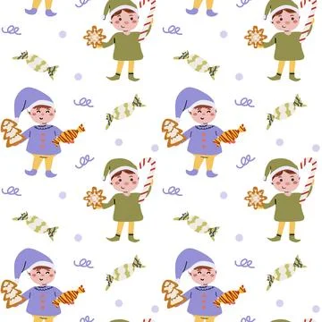 Cute christmas elves seamless pattern with candy cane, gingerbreads Stock Illustration