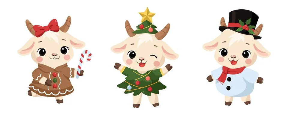 Cute Christmas goat character set in winter holiday costumes flat vector illu Stock Illustration