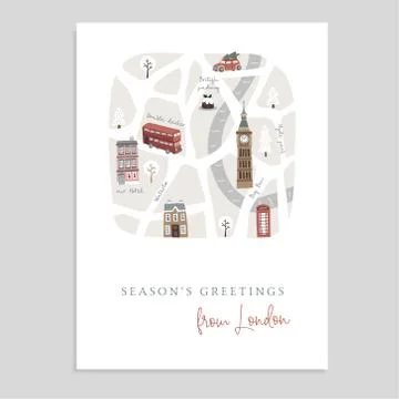 Cute Christmas greeting card, invitation with map of London. Hand drawn British Stock Illustration