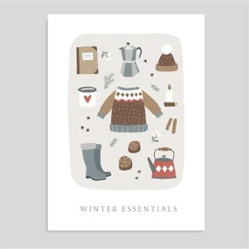 Cute Christmas greeting card, invitation with winter essential food and Stock Illustration