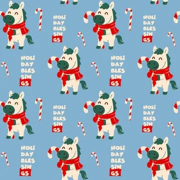 Cute Christmas Horse Pattern with Candy Cane Illustrazione stock