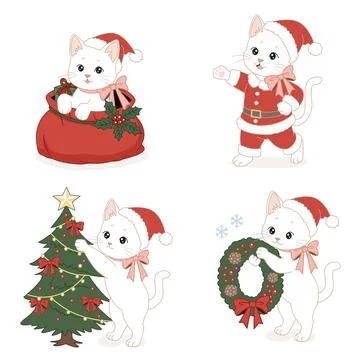 Cute Christmas kitten vector set with festive holiday decorations イラスト素材