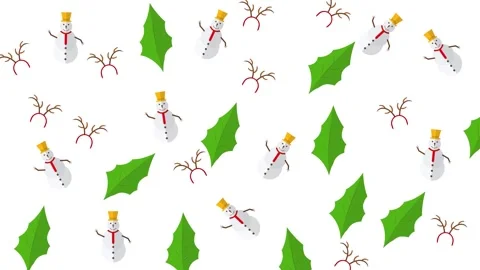 Cute Christmas Pattern Featuring Snowmen Reindeer Antlers and Green Holly Leaves Stock Footage 345539954