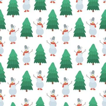 Cute Christmas pattern with Snowmen and Firs Stock Illustration
