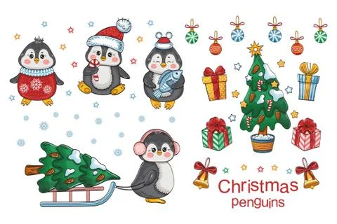 Cute Christmas penguin winter vector set. Animals in hat with Christmas tree. Stock Illustration
