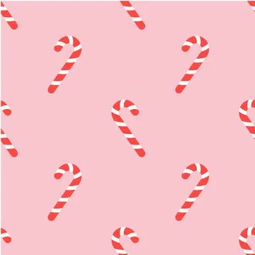 Cute Christmas seamless pattern with candy canes. Pink background design. Stock Illustration