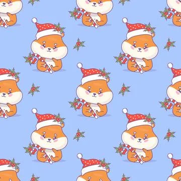 Cute Christmas seamless pattern with cartoon hamster rodent character in Sa.. Stock Illustration