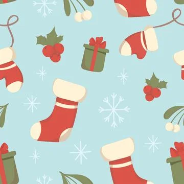 Cute Christmas seamless pattern with Christmas gift box, stockings, mittens Stock Illustration