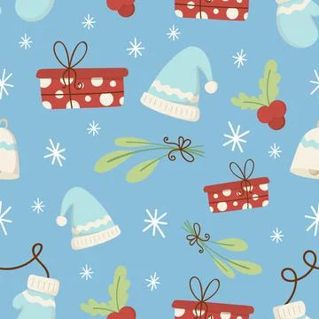 Cute Christmas seamless pattern with Christmas gift box, hat, mittens Stock Illustration