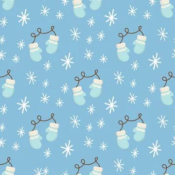 Cute Christmas seamless pattern with Christmas mittens and snowflakes. Hand Stock Illustration