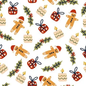 Cute Christmas seamless pattern with gift, candle, holly and gingerbread man Illustrazione stock