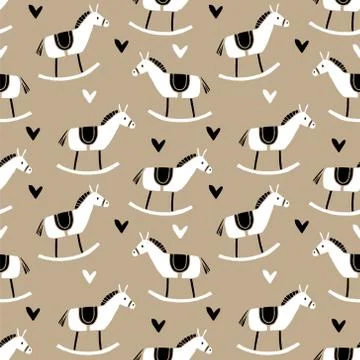 Cute Christmas seamless pattern with hand drawn wooden horse toys and hearts Stock Illustration