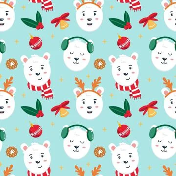 Cute Christmas seamless pattern with polar bears in holiday accessories Stock Illustration