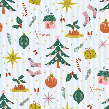 Cute Christmas seamless pattern. Retro holiday Xmas print. Stock Illustration