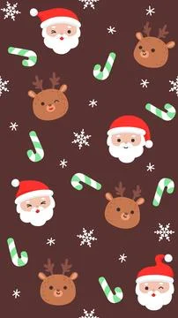 Cute Christmas Seamless Pattern with Santa Faces Reindeer Heads Candy Canes.. Stock Illustration