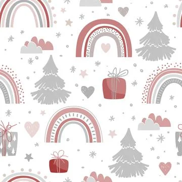 Cute Christmas seamless pattern with trees, gift boxes, and rainbows on white Stock Illustration