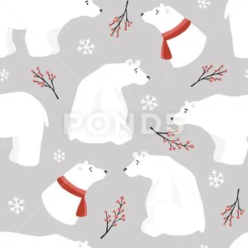 Cute Christmas seamless pattern white polar bears,red scarfs, holly berries and Stock Illustration