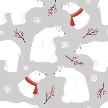 Cute Christmas seamless pattern white polar bears,red scarfs, holly berries and Stock Illustration