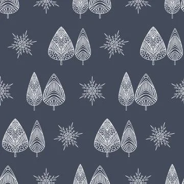Cute Christmas seamless pattern, white Christmas tree snowflake on dark gray Stockillustratie