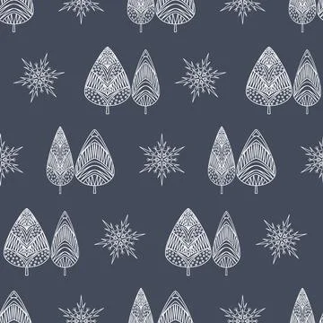Cute Christmas seamless pattern, white Christmas tree snowflake on dark gray Stock Illustration