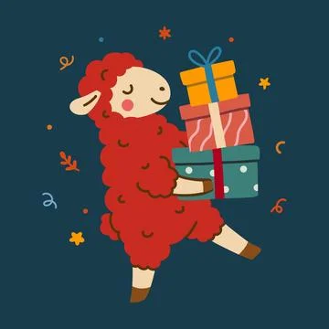 Cute Christmas sheep carrying a stack of colorful gift boxes Stock Illustration