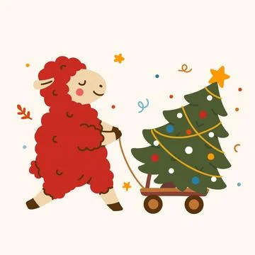 Cute Christmas Sheep Pulling Decorated Christmas Tree Stock Illustration