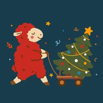 Cute Christmas sheep pulling a decorated tree on a sled Stock-Illustration