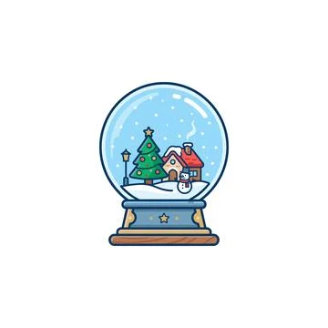 Cute Christmas snow globe scene featuring a decorated tree, house, snowman, a Stock Illustration