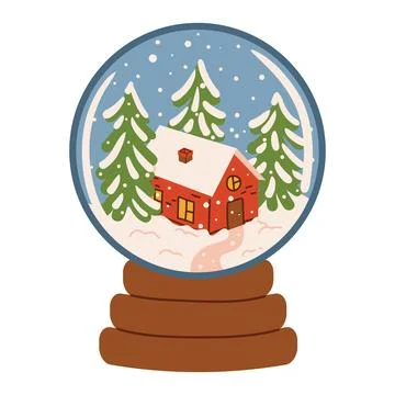 Cute Christmas snow globe with a tiny house and fir trees inside, drawn in .. Stock Illustration