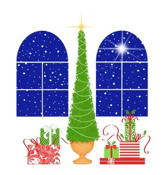 Cute Christmas Tree and Presents With Palladian Windows on White Stock Illustration
