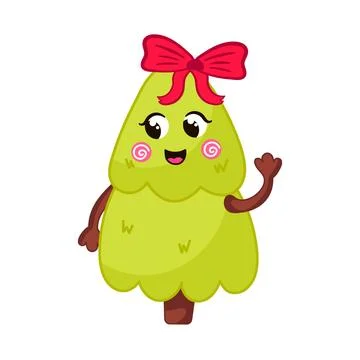 Cute Christmas tree character with bow cartoon style Stock Illustration