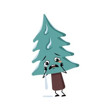 Cute Christmas tree with crying and tears emotion, sad face Illustrazione stock