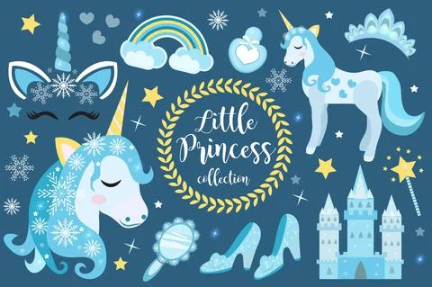 Cute christmas unicorn princess objects set. Winter Collection design element 스톡 일러스트